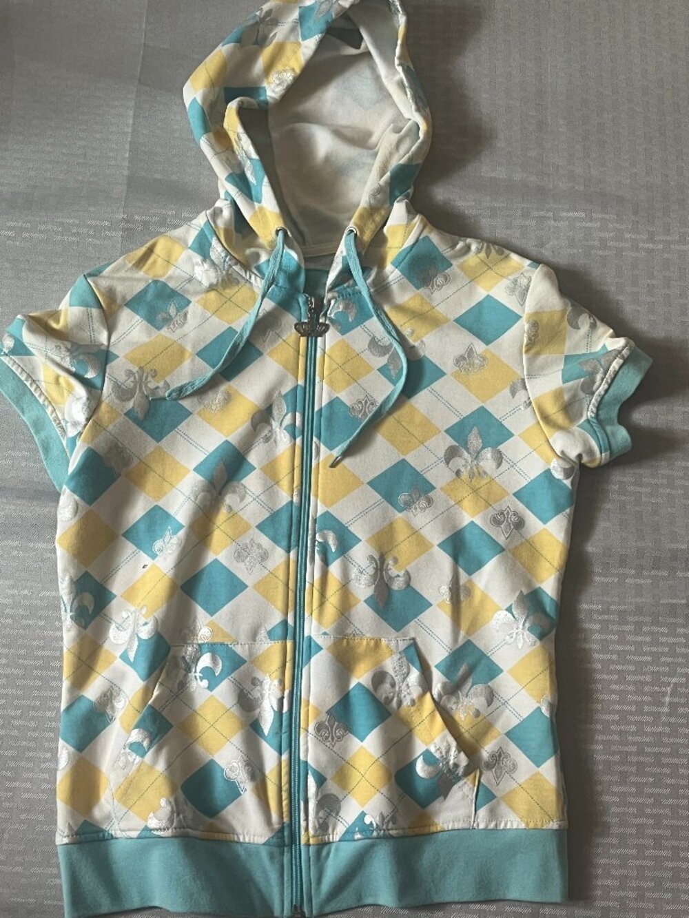 Short Sleeve Sweater with hoodie for women’s size small with fleur-de-lys.